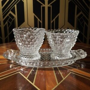 Duncan & Miller Crystal Hobnail Sugar And Creamer With Tray, Vintage Glassware